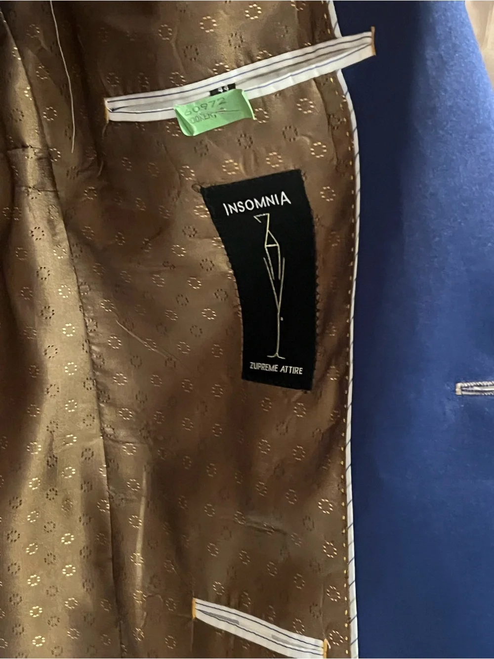 Insomnia Zupreme Beige Sport Coat with Blue Satin Lapel - Size 44